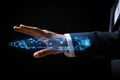 Close up of businessman hand holding abstract glowing circuit on dark background. 3D rendering, Businessman hand using digital