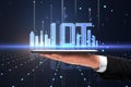 Close up of businessman hand holding cellphone with creative glowing digital mesh city and iot hologram on blurry background. Royalty Free Stock Photo