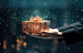 Close up of businessman hand holding gift box with bokeh background Royalty Free Stock Photo