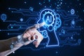 Close up of businessman hand pointing at creative AI head outline hologram with circuit on blurry background
