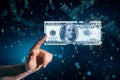 Close up of businessman hand pointing at digital dollar bill on blurry tech background with binary coding. Business and finance Royalty Free Stock Photo