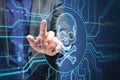 Close up of businessman hand pointing at digital skull hologram on blurry background. Hacking, malware and crime concept. Double