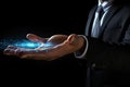 Close up of businessman hand touching with finger virtual panel with blue lights, Businessman hand using digital hologram Royalty Free Stock Photo