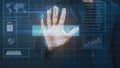 Close up businessman hand is touching interface computer monitor, fingerprint biometric identity and approval. future security