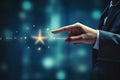 Close up of businessman hand touching star icon on media screen with bokeh background, Businessman hand touching a star rating Royalty Free Stock Photo