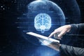Close up of businessman hand using cellphone with creative glowing polygonal brain sphere hologram on blurry background. Neurology Royalty Free Stock Photo