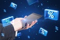 Close up of businessman hand using tablet on background. Money and investment growth rate, promotion and sale concept Royalty Free Stock Photo