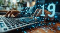 Close up of businessman hands typing on laptop keyboard with digital binary code Royalty Free Stock Photo