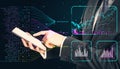 Close up of businessman hands using cellphone with creative glowing business chart and ai binary code nodes on blurry background.