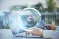 Close up of businessman hands using laptop and smartphone with creative glowing round euro chart hologram on blurry outdoor Royalty Free Stock Photo