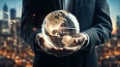 Close up of businessman holding Earth planet in his hands. 3D rendering