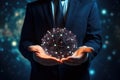 Close up of businessman holding network sphere in his hands. 3D rendering, A businessman holds the global network connection in Royalty Free Stock Photo