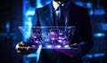 Close up of businessman holding tablet with circuit hologram in his hands Royalty Free Stock Photo