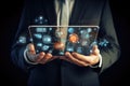 Close up of businessman holding tablet with media icons. Technology and innovation concept, Businessman hand touching digital Royalty Free Stock Photo