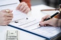 Close up businessman or Lawyer signing contract making a deal, classic business at office in the morning Royalty Free Stock Photo