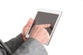 Close up.businessman pointing finger at the digital tablet scree Royalty Free Stock Photo