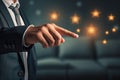 Close up of businessman pointing with finger at five stars rating on virtual screen, Businessman hand touching a star rating Royalty Free Stock Photo