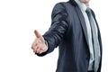 Close up. the businessman reaches out for a handshake .isolated on grey background Royalty Free Stock Photo