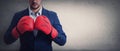 Close up businessman in suit with red boxing gloves stands ready in a fighting stance, punching his fists. Business person self Royalty Free Stock Photo