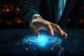 Close up of businessman touching virtual panel with finger and light at background, Businessman pressing fingerprint button on a Royalty Free Stock Photo