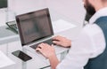 Close up.businessman typing on laptop in office Royalty Free Stock Photo