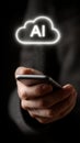 Close up of businessman using smartphone with artificial intelligence cloud Royalty Free Stock Photo