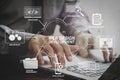 close up of businessman working with laptop computer on wooden d Royalty Free Stock Photo