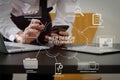 close up of businessman working with smart phone and digital tab Royalty Free Stock Photo