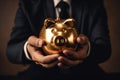 Close-up businessmans hands holding golden pig piggy bank, created with Generative AI technology