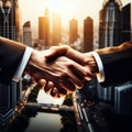 Close up businessmen shaking hands during a meeting. Handshake deal business corporate