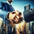 Close up businessmen shaking hands over a cityscape. Handshake deal business corporate Royalty Free Stock Photo