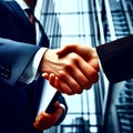 Close up businessmen shaking hands outside an office tower in a city