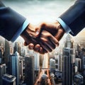 Close up businessmen shaking hands over a cityscape. Handshake deal business corporate