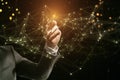 Close up of businessperson hand pushing and using glowing polygonal mesh interface on dark background. Technology and network