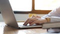 Close up of businesswoman or accountant hand holding pen working on laptop computer for calculate business data, accountancy