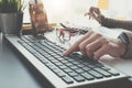 Close up of businesswoman or accountant hand holding pencil working on calculator to calculate financial data report, accountancy