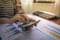 Close up of businesswoman or accountant using calculator for do math finance, Dedicated to the progress and growth of the company