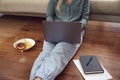 Close Up Of Businesswoman At End Of Day With Wine In Loungewear And Suit On Laptop Working At Home Royalty Free Stock Photo