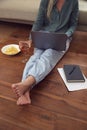 Close Up Of Businesswoman At End Of Day With Wine In Loungewear And Suit On Laptop Working At Home Royalty Free Stock Photo