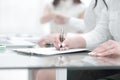 Close-up businesswoman filling the form on job interview Royalty Free Stock Photo