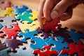 Close up of businesswoman hand assembling colorful jigsaw puzzle on wooden table, peoples hands joining pieces of a jigsaw puzzle