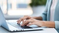 Close up of businesswoman hands typing on laptop keyboard in office. Generative AI Royalty Free Stock Photo