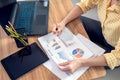 Close up of a businesswoman hands working at home with Business documents papers, financial statistics reports graphs and charts Royalty Free Stock Photo