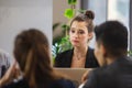 close up businesswoman listen carefully to discussion manager talking in meeting work room planning. Royalty Free Stock Photo