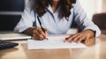 Close-up of a businesswoman signing a contract at office. Generative AI