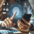 close up of businesswoman working with mobile phone and fingerprint scanner on screen