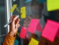 Close-up of businesswoman writing on yellow sticky notes stuck o Royalty Free Stock Photo