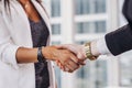 Close-up of businesswomen shaking hands greeting each other before meeting Royalty Free Stock Photo