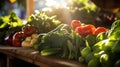 A close-up of a busy farmers market, with sunlight highlighting the colors of the fresh produce. Veganuary celebration