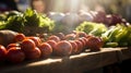 A close-up of a busy farmers market, with sunlight highlighting the colors of the fresh produce. Veganuary celebration